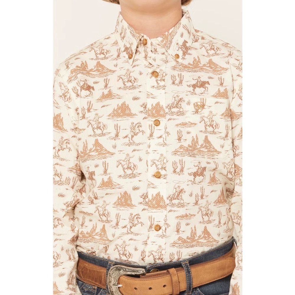 Ariat Boys' Conversation Print Long Sleeve Button-Down Western Shirt cream 10-12 - Picture 3 of 9